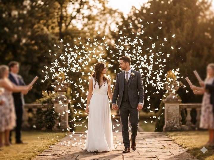Canhão de Confetis com Borboletas Brancas — Magia no Ar, Beleza em Cada Fotografi